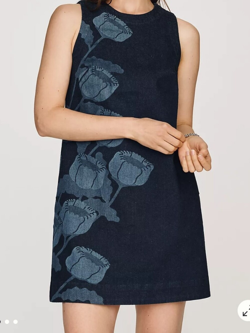 Maeve Emmy Sleeveless Dark Wash Denim Floral Print Sleeveless Swing Dress XL